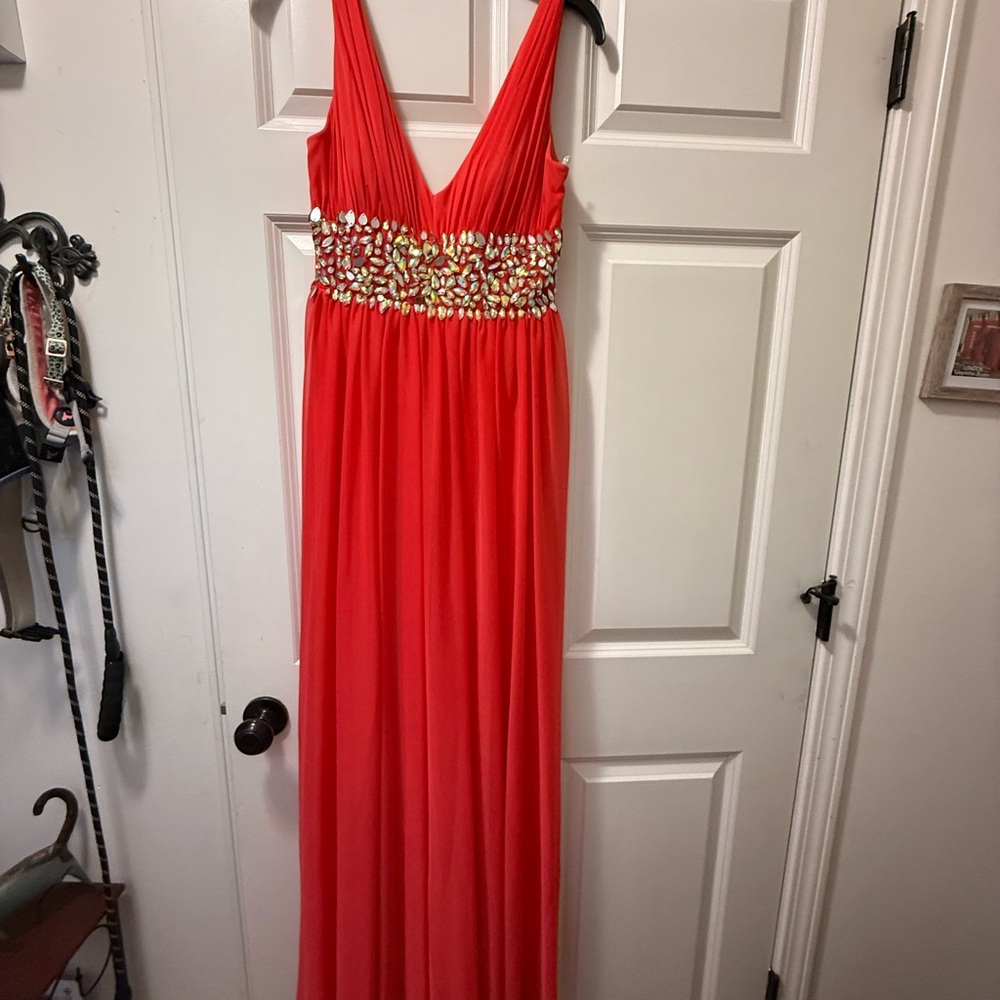 Sequin Hearts Coral Red V-Neck Jeweled Waist Prom Dress